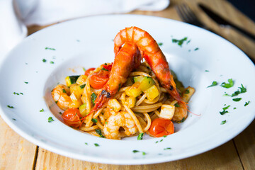 Pasta frutti di mare. Pasta cooked with seafood such as mussels, clams and prawns.