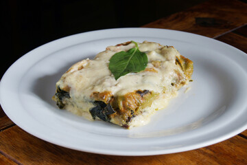 Lasagna is a type of pasta. It is usually served in overlapping sheets interspersed with layers of ingredients to taste, most often meat in bolognese sauce and béchamel.