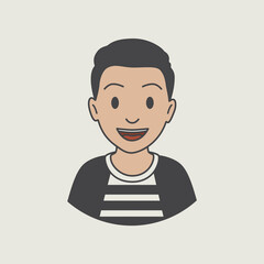 big smiling man face icon, in striped shirt, flat cartoon style illustration