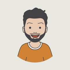 big smiling human face icon, bearded man avatar character, Flat cartoon style illustration