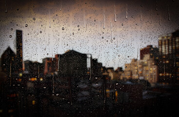 Raindrops on window glass. Selective focus, 3D illustration