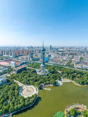 Aerial shot of Shijiazhuang TV Tower, Century Park and Golf Club, Shijiazhuang City, Hebei Province, China