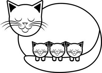 Vector mother cat with kittens. Icon cat with three kittens.