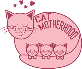 Vector mother cat with kittens. Icon cat with three kittens.