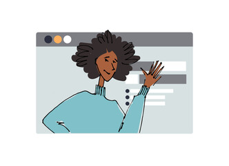 Young girl in front of a computer screen. line illustrations, Flat style, isolated vector element, hand lettering - obrazy, fototapety, plakaty