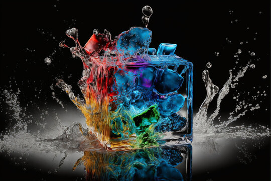 Colorful abstract ice cube splash explosion macro closeup on a black background, Generative AI