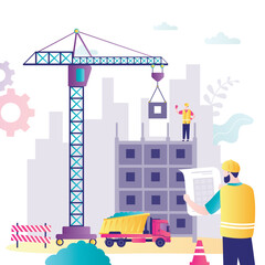 Process of building multi-storey building. Engineer holds architectural plan of house and controls construction process. Crane and dump truck at construction site.