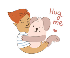 Man hugging his pet. World hugging day.  Vector illustration, character design, postcard, poster, print 