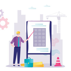 Confident architect presents project for new multi-storey building. Architectural plan, layout of the house. Male engineer makes presentation on concept of urban development.
