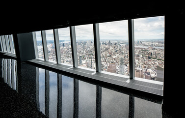 Viewpoint of One World Trade Centre observation room with no people and landscape of New York in background