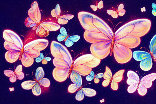 Cute Sparkling Butterflies, Whimsical, 3D Cartoon, oil painting