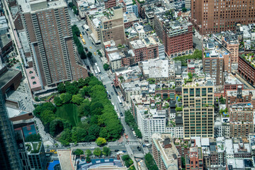 Aerial view of downtown Manhattan streets and buildings