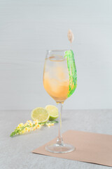 Gin tonic lemon cocktail drink with dry gin, bitter tonic, juice, thyme and ice, bar tools.