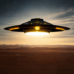 Naklejka na ściany i meble alien saucer with a black metalic shape flying in the middle of the day in the Mohave desert