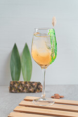Gin tonic lemon cocktail drink with dry gin, bitter tonic, juice, thyme and ice, bar tools.