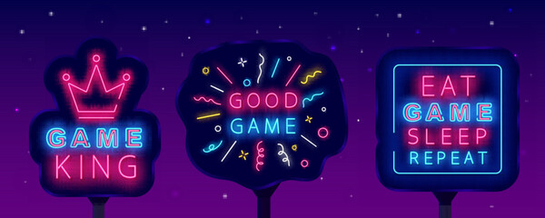 Game design neon billboards collection. Good game with confetti. Eat, sleep and repeat text. Vector stock illustration