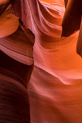 Orange and red curving narrow walls of stone and sand in Antelope Canyon, USA