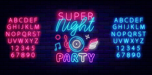 Super night party neon sign on brick wall. Disk and musical notes. Vector stock illustration