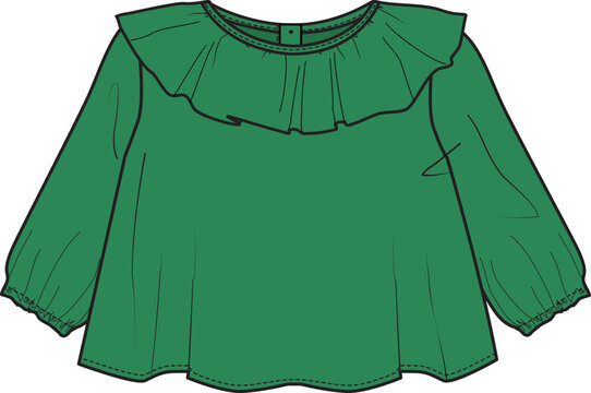 recommend clip art: KID GIRL WEAR RUFFLE NECK BLOUSE TOP VECTOR