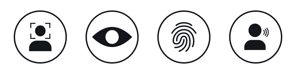  Biometrics authentication icons. Face, eye, fingerprint and voice recognition. Vector illustration