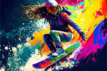 Snowboarding women girl jumping with snowboard, extreme winter sport, a fictional character, Generative AI