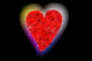 Precioso corazón rojo con reflejos coloridos integrado sobre fondo negro..