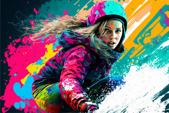 Snowboarding women girl jumping with snowboard, extreme winter sport, a fictional character, Generative AI