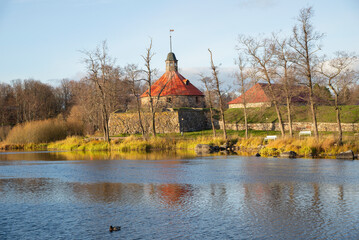 Ancient tower of Lars Torstensson (Pugachev tower) of Korela fortress in October landscape. Priozersk, Russia