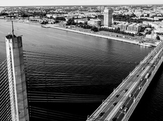 Black and white aerial photo of Vansu bridge in Riga, Latvia