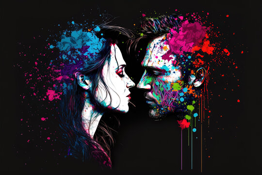 AI generated Illustration of a copule kissing splatter paint