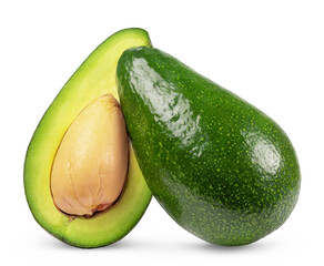 Avocado isolated. Ripe green avocado cut in half on a white background. Fresh fruits and vegetables.