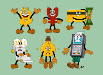 Set of comic characters in retro cartoon style. Cute comic gloved hands characters in cartoon 1930s style. Collection of comic characters on a business theme in retro cartoon style