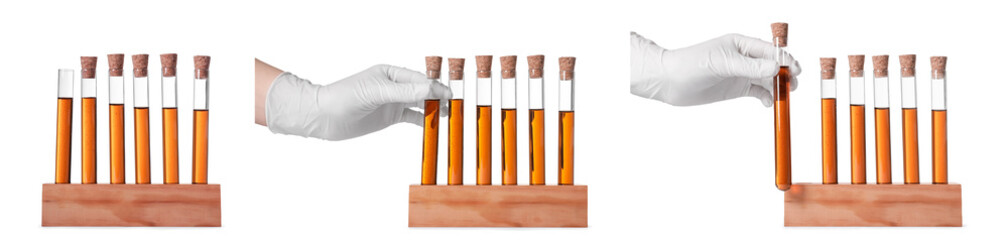 Collage with photos of scientist and test tubes with brown liquid on white background, closeup. Banner design