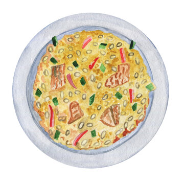 Japanese chahan with chicken. Fried rice. Traditional dish of the East, Asia. Menu design.