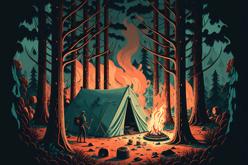camping at night in the forest with camp fire