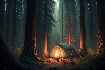 camping at night in the forest with camp fire