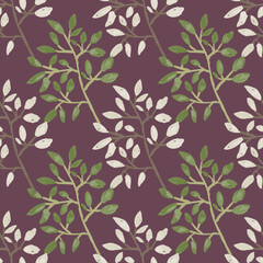 Hand drawn branches with leaves seamless pattern. Botanical sketch background. Decorative forest twig endless wallpaper.