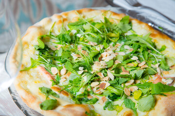 Pizza with vegetables. Neapolitan pizza made with baked vegetables. Italian vegetarian recipe.