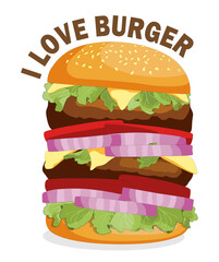 Burger ordered on the fast food menu. Hamburger with cutlet, tomatoes and onion. Logo icon vector illustration design.