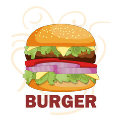 Burger ordered on the fast food menu. Hamburger with cutlet, tomatoes and onion. Logo icon vector illustration design.