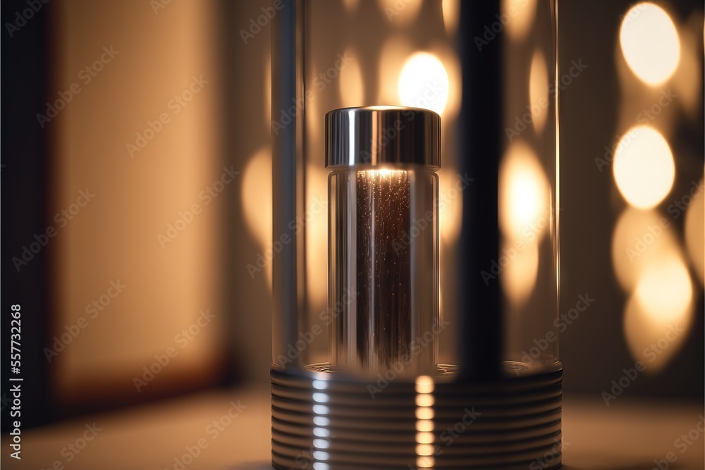 Aufkleber a candle is lit in a glass container on a table with a mirror behind it and a light reflecting off t