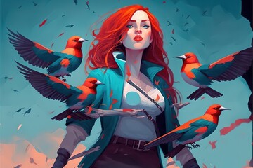 A red-haired girl surrounded by a flock of birds