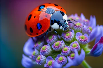 Foto auf Acrylglas Makrofotografie Ladybug on flower macro closeup Generative AI
