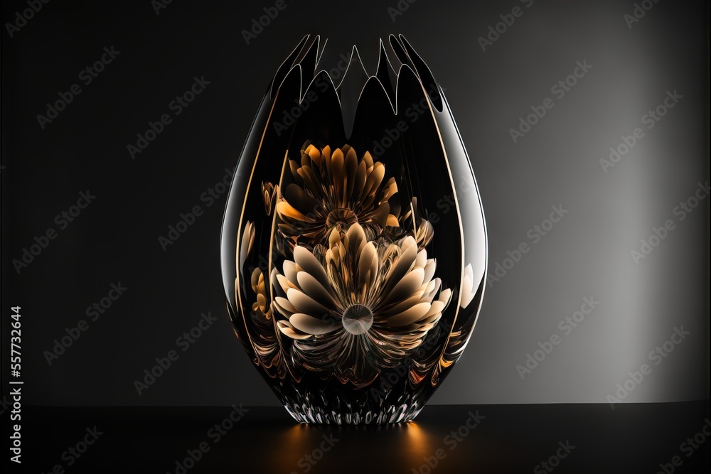 Poster a glass vase with a flower in it on a table top with a black background and a black background., gen
