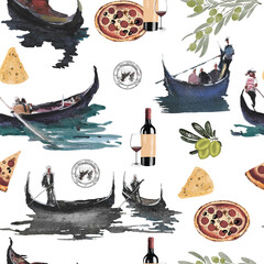 Hand drawn. Watercolor illustration. Cute cartoon. Venice elements. Gondola, mask, pizza, wine. © AnnaAngelPrincess