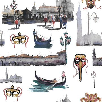 Hand drawn. Watercolor illustration. Cute cartoon. Venice elements. Gondola, mask, lamp.