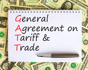 GATT symbol. Concept words GATT general agreement on tariff and trade on white note on beautiful white background. Business GATT general agreement on tariff and trade concept. Copy space.