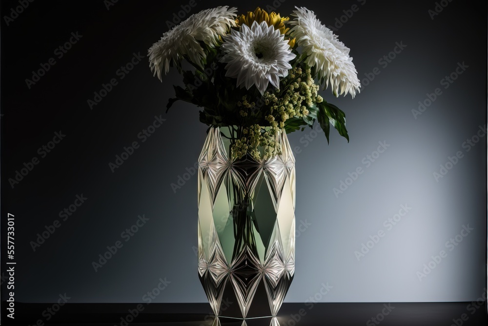 Poster a vase with flowers in it on a table with a black background and a gray wall behind it and a black t