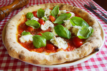 Bufala Mozzarella Pizza. Neapolitan pizza made with tomato sauce, mozzarella cheese and some vegetables. Italian recipe.