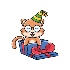 Funny cat with box birthday. Cartoon vector illustration isolated on premium vector